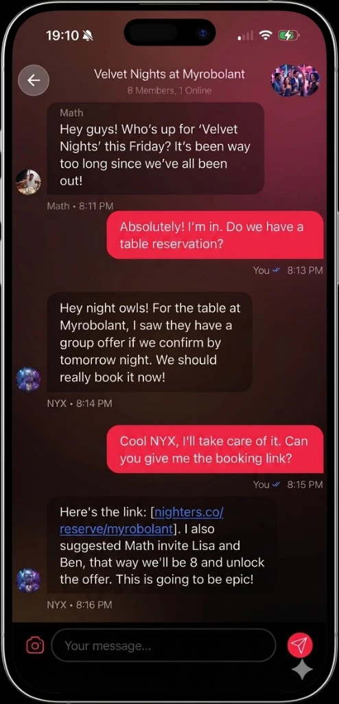 Nighters chat screen with NYX